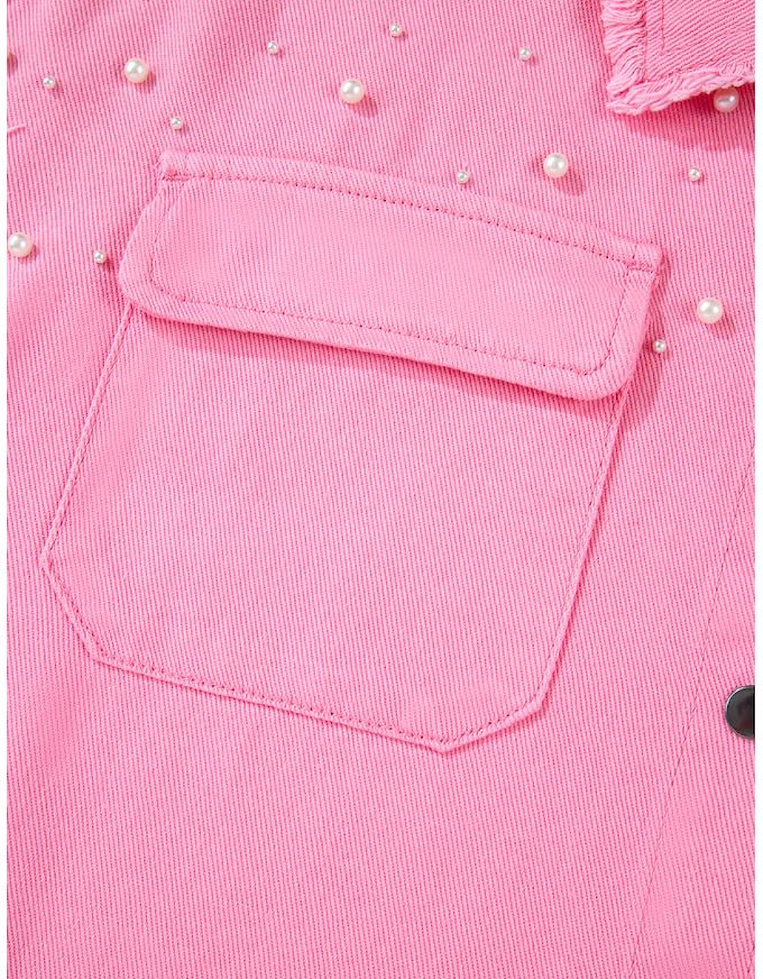 Bonbon Pearl Beaded Raw Hem Button Up Denim Jacket