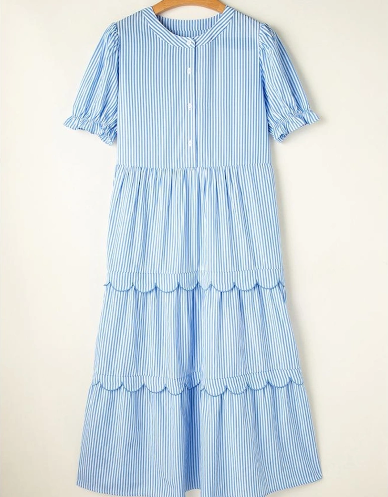 Sky Blue Stripe Bubble Short Sleeve Tiered Scallop Long Dress