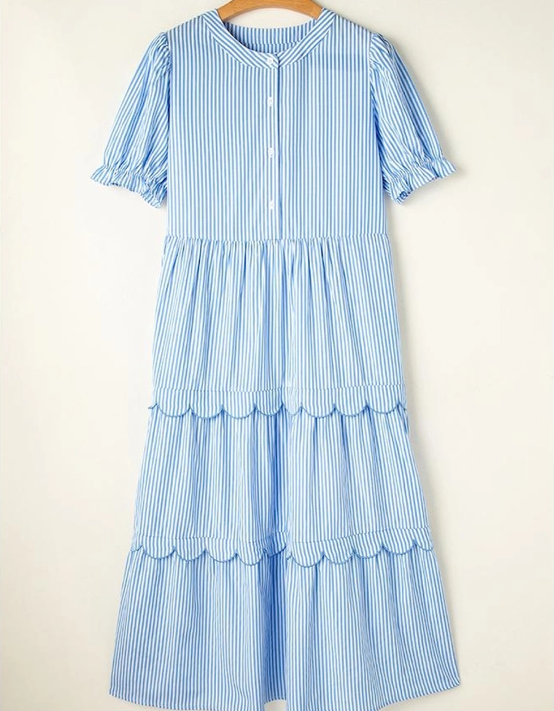 Sky Blue Stripe Bubble Short Sleeve Tiered Scallop Long Dress