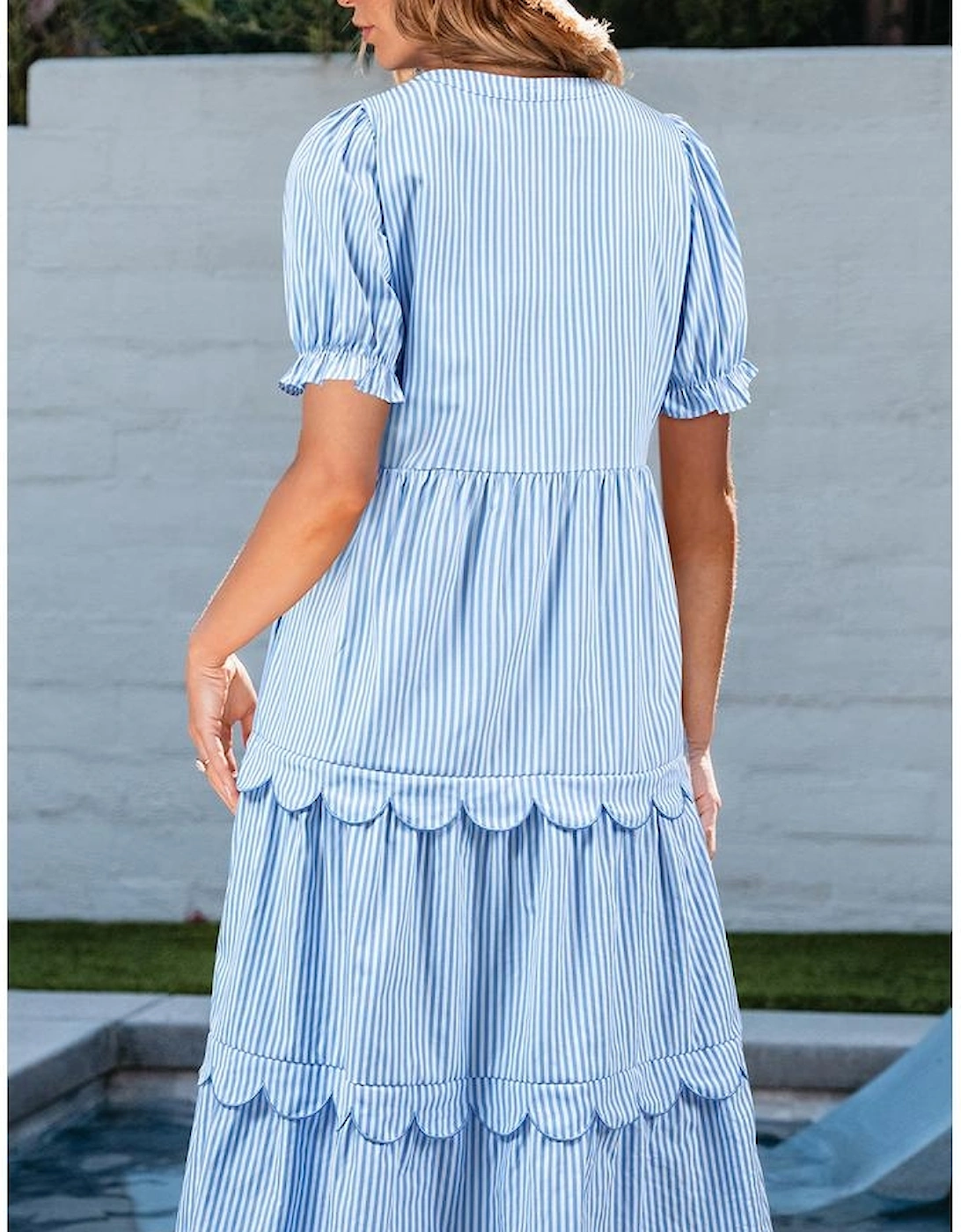 Sky Blue Stripe Bubble Short Sleeve Tiered Scallop Long Dress, 11 of 10
