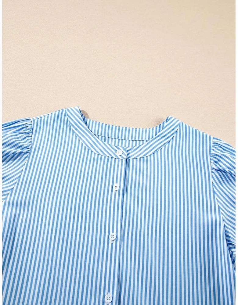 Sky Blue Stripe Bubble Short Sleeve Tiered Scallop Long Dress