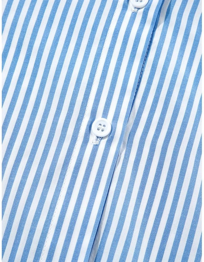 Sky Blue Stripe Bubble Short Sleeve Tiered Scallop Long Dress