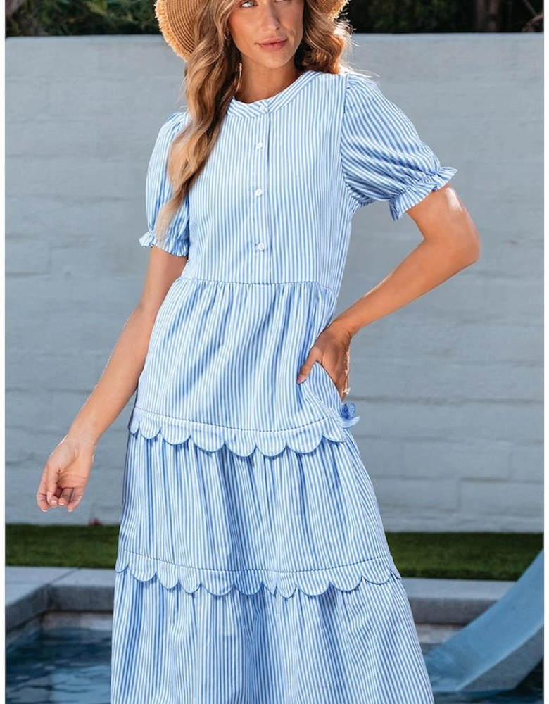 Sky Blue Stripe Bubble Short Sleeve Tiered Scallop Long Dress