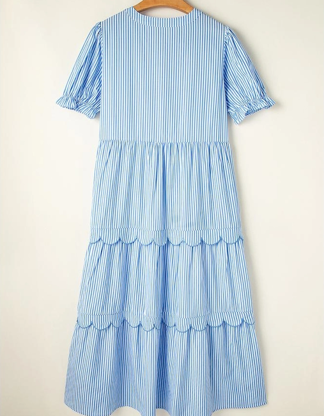 Sky Blue Stripe Bubble Short Sleeve Tiered Scallop Long Dress
