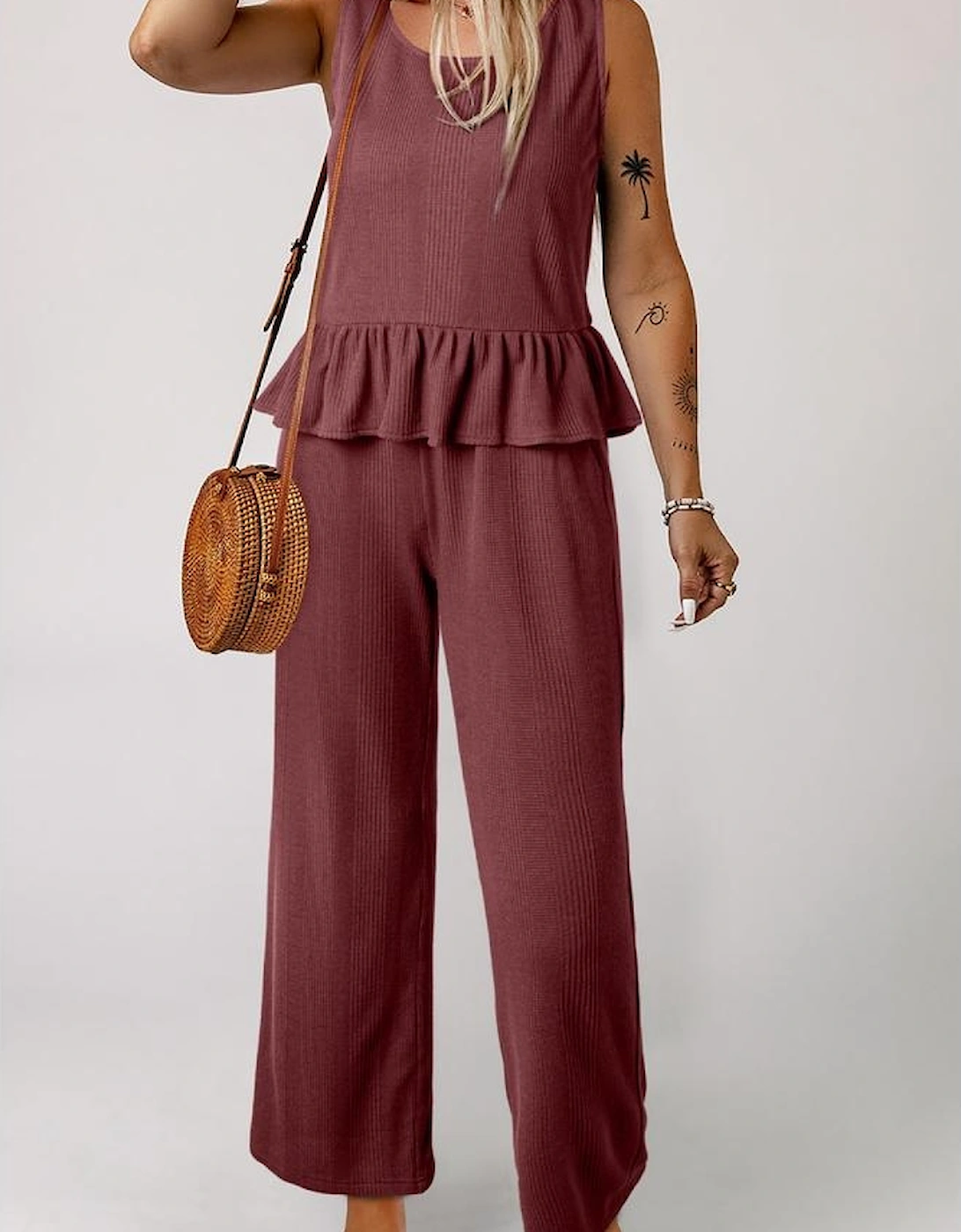 Red Dahlia Solid Color Ribbed Ruffle Tank Top and Pants Set