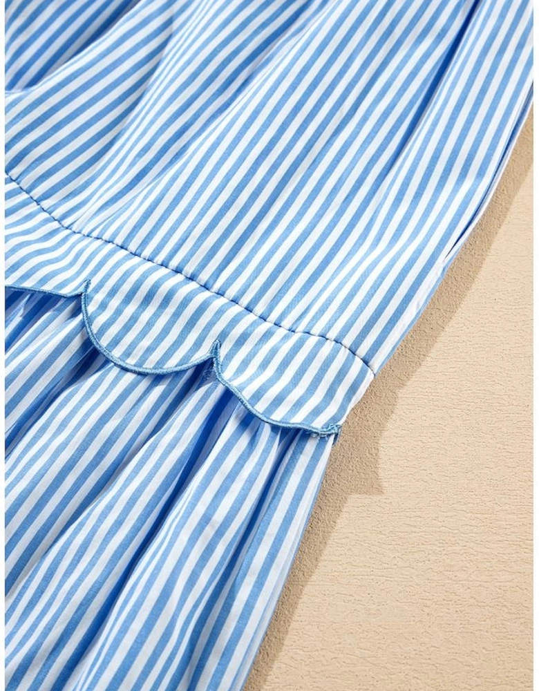 Sky Blue Stripe Bubble Short Sleeve Tiered Scallop Long Dress