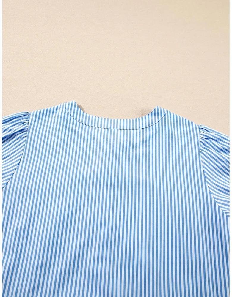 Sky Blue Stripe Bubble Short Sleeve Tiered Scallop Long Dress