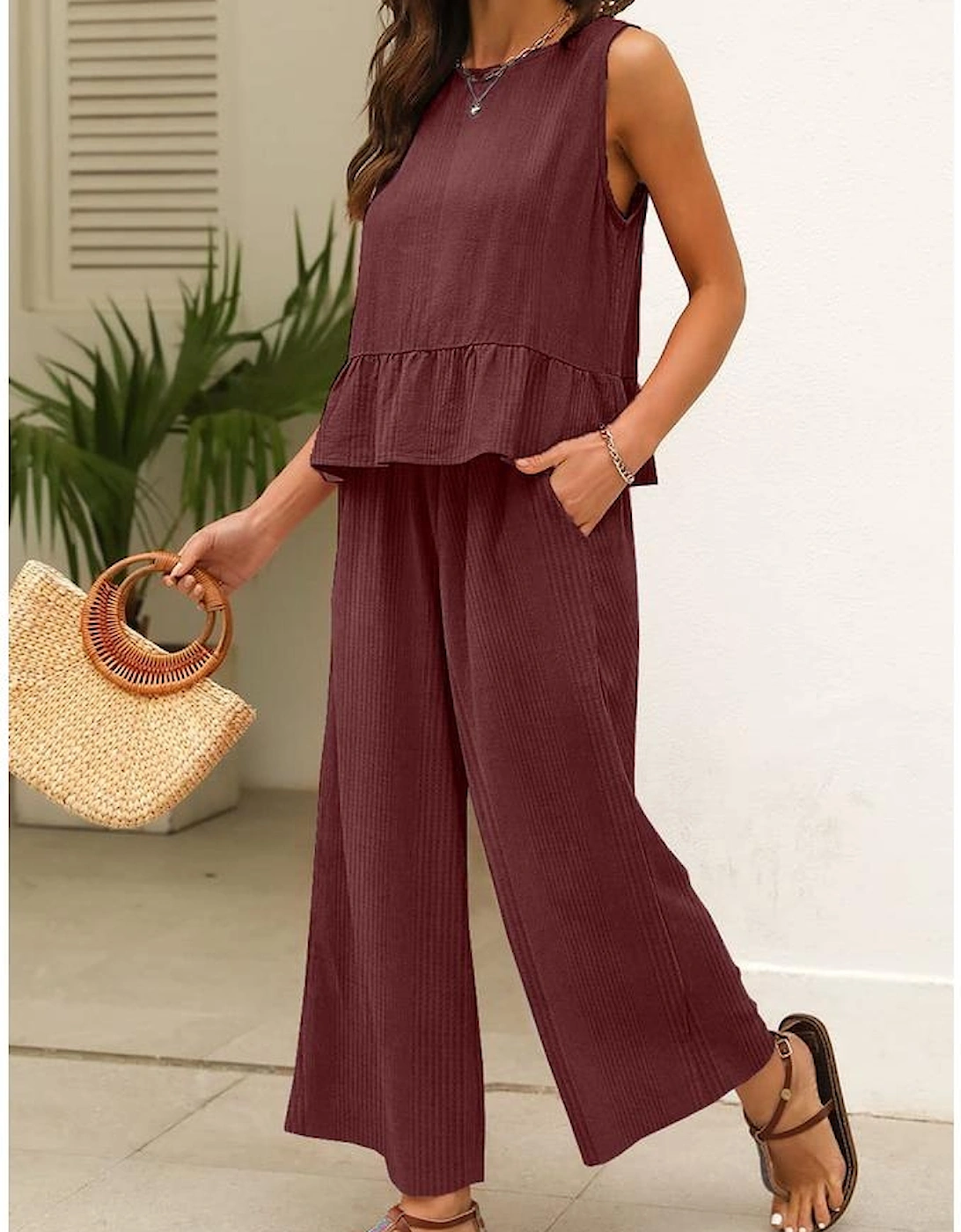 Red Dahlia Solid Color Ribbed Ruffle Tank Top and Pants Set, 16 of 15