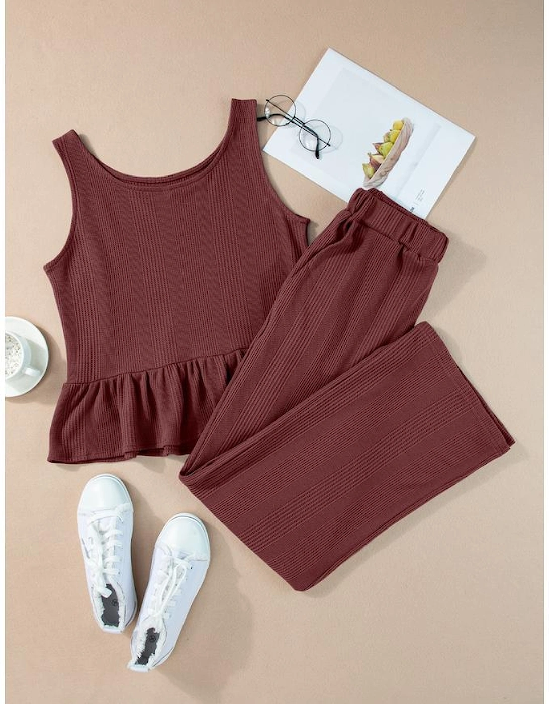 Red Dahlia Solid Color Ribbed Ruffle Tank Top and Pants Set