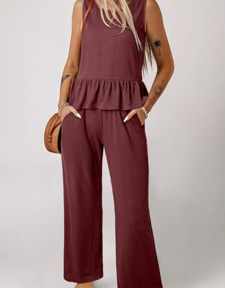 Red Dahlia Solid Color Ribbed Ruffle Tank Top and Pants Set