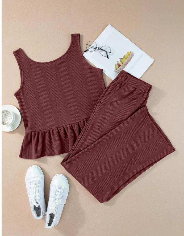 Red Dahlia Solid Color Ribbed Ruffle Tank Top and Pants Set