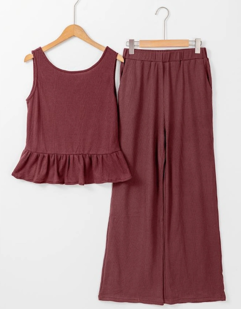 Red Dahlia Solid Color Ribbed Ruffle Tank Top and Pants Set
