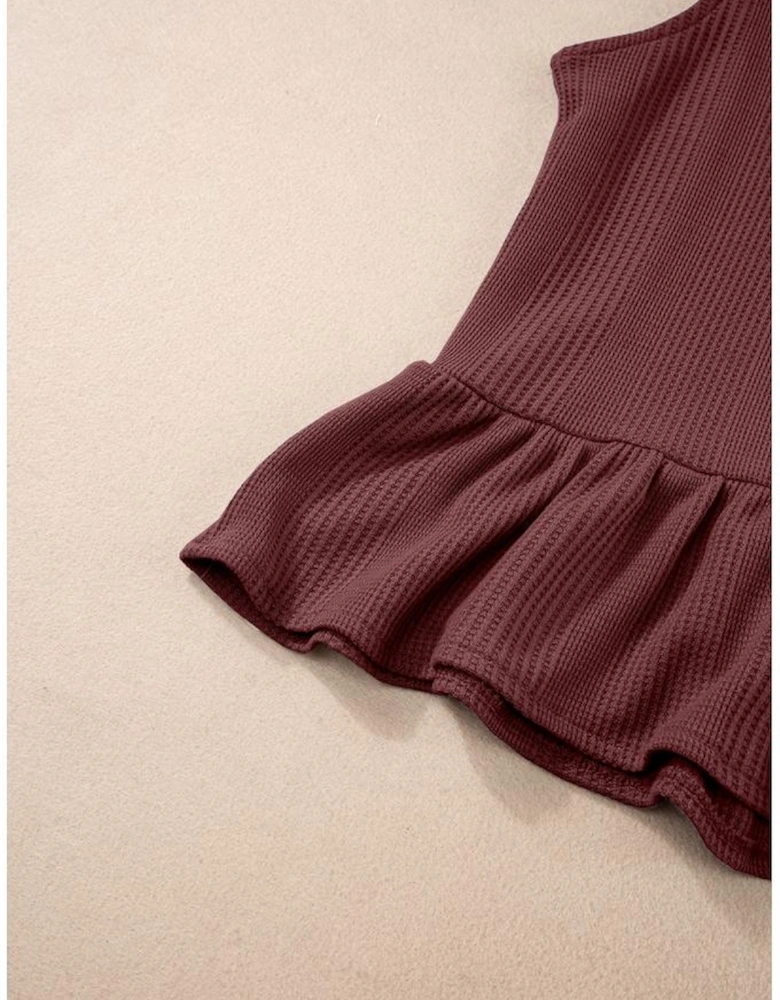 Red Dahlia Solid Color Ribbed Ruffle Tank Top and Pants Set