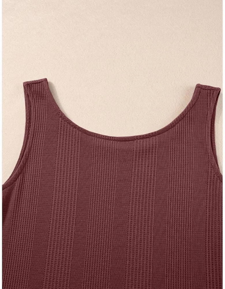 Red Dahlia Solid Color Ribbed Ruffle Tank Top and Pants Set