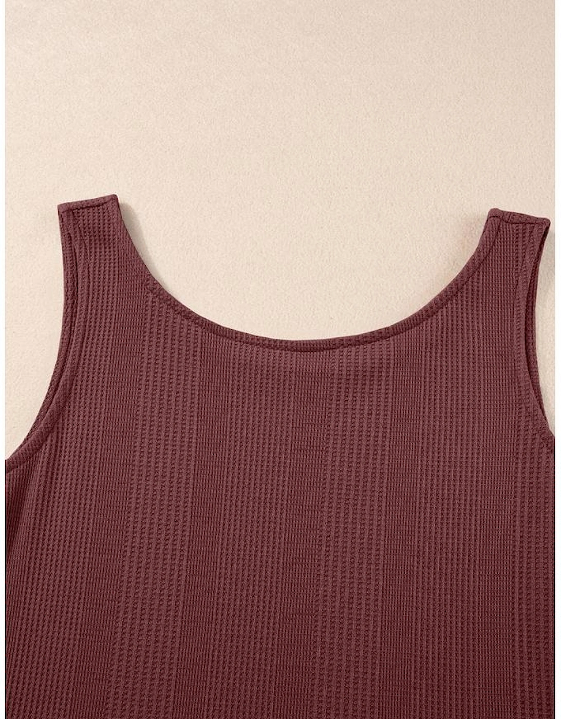 Red Dahlia Solid Color Ribbed Ruffle Tank Top and Pants Set