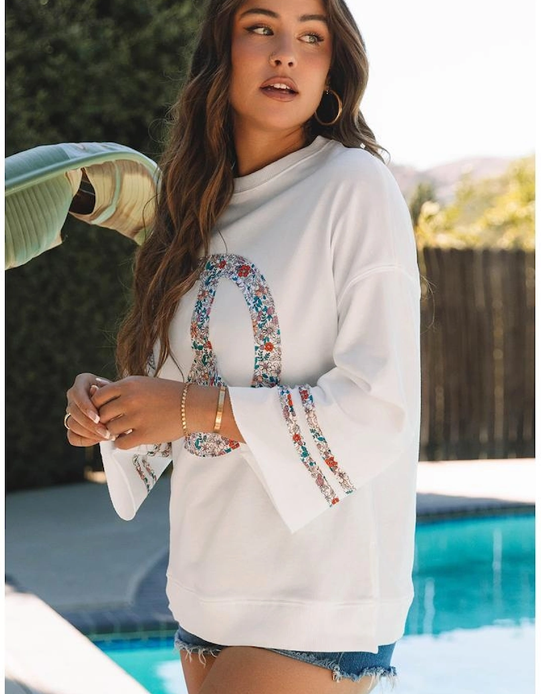 Jet Stream Floral Peace Sign Graphic Drop Shoulder Wide Sleeve Casual Top