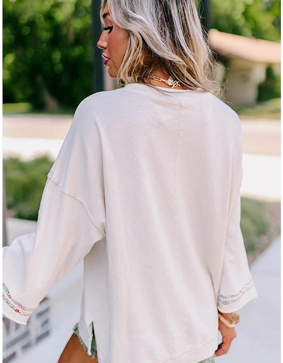 Jet Stream Floral Peace Sign Graphic Drop Shoulder Wide Sleeve Casual Top