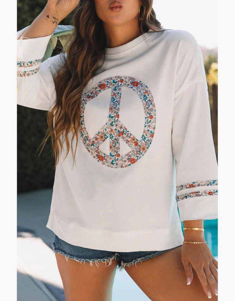 Jet Stream Floral Peace Sign Graphic Drop Shoulder Wide Sleeve Casual Top