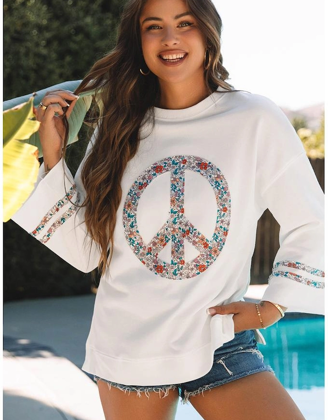 Jet Stream Floral Peace Sign Graphic Drop Shoulder Wide Sleeve Casual Top