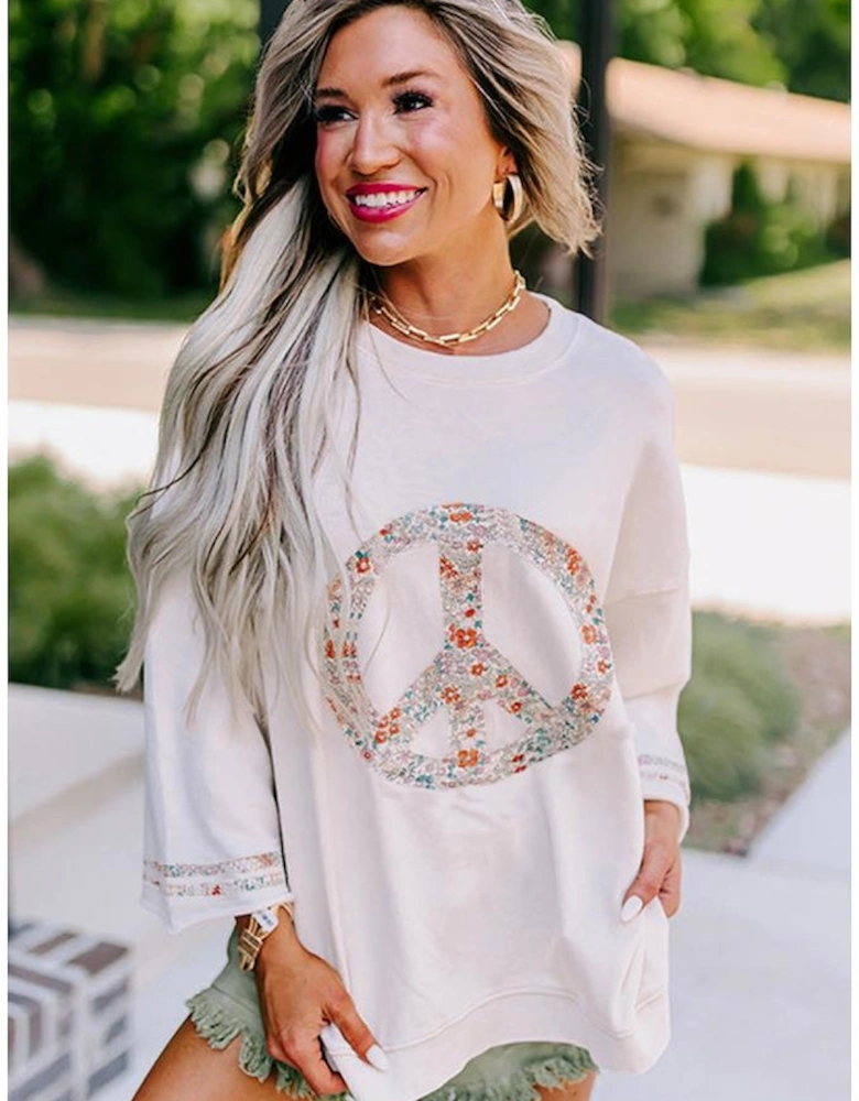 Jet Stream Floral Peace Sign Graphic Drop Shoulder Wide Sleeve Casual Top