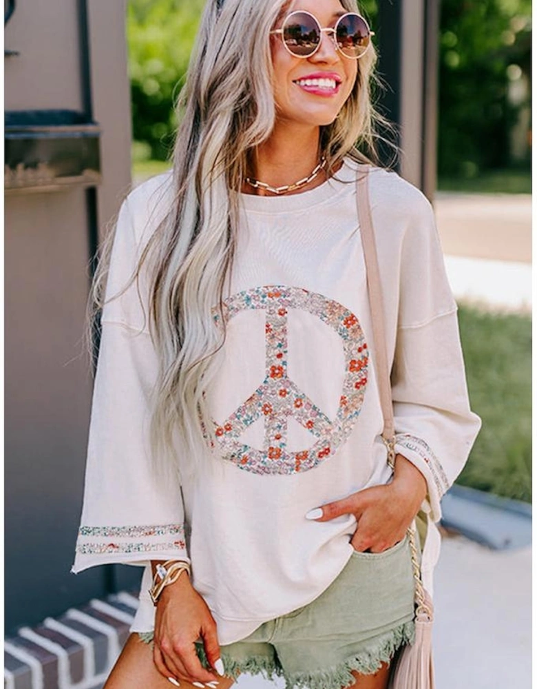 Jet Stream Floral Peace Sign Graphic Drop Shoulder Wide Sleeve Casual Top