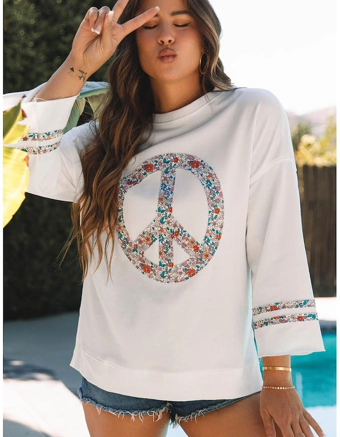 Jet Stream Floral Peace Sign Graphic Drop Shoulder Wide Sleeve Casual Top