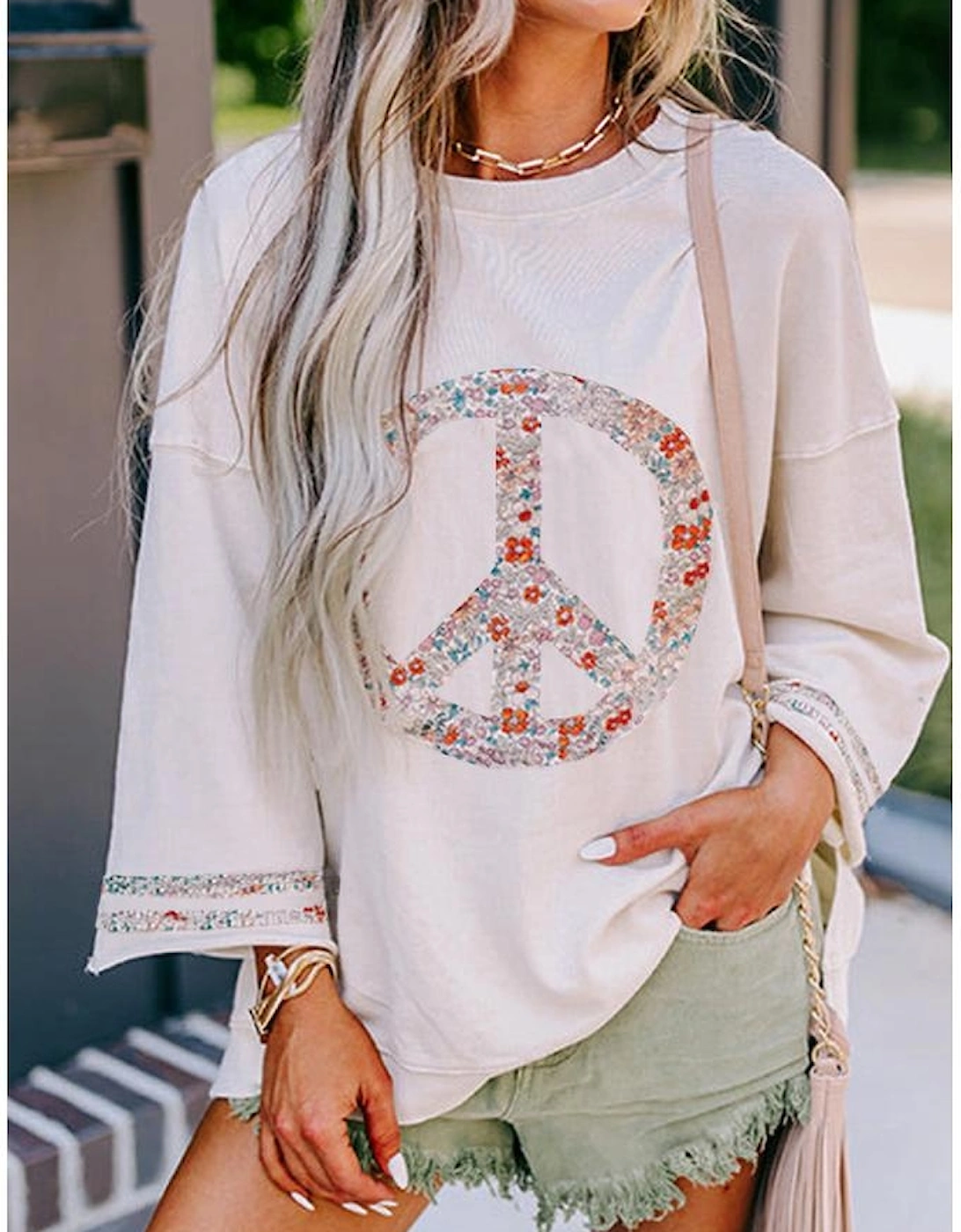 Jet Stream Floral Peace Sign Graphic Drop Shoulder Wide Sleeve Casual Top