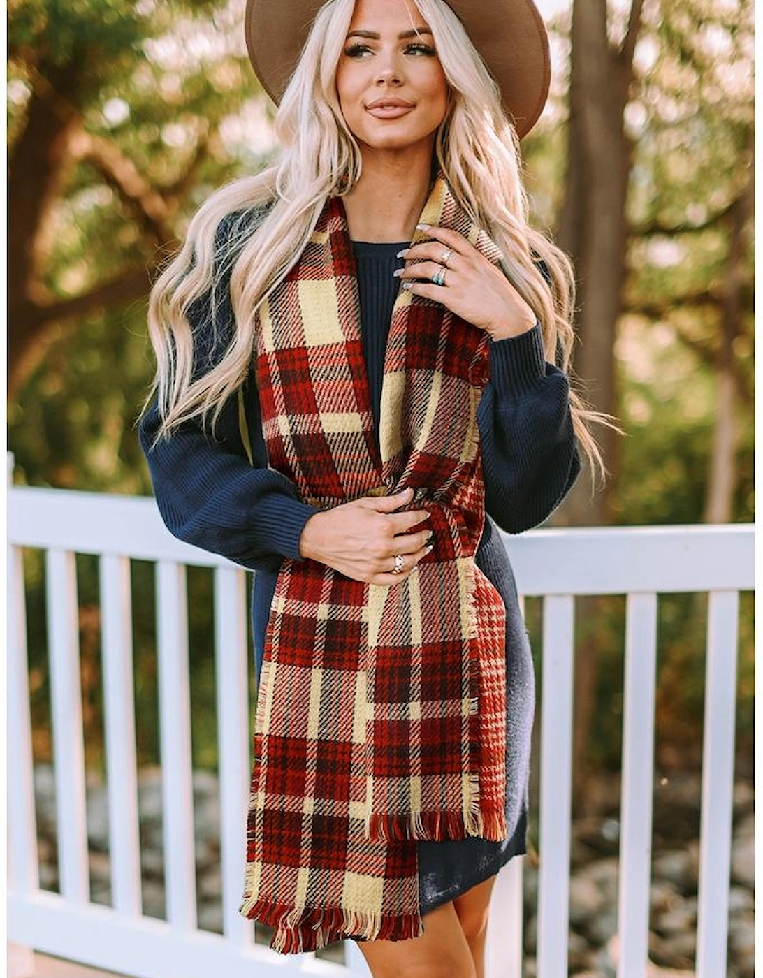 Azura Exchange Red Clay Fringe Trim Reversible Plaid Houndstooth Pashmina Scarf, 11 of 10