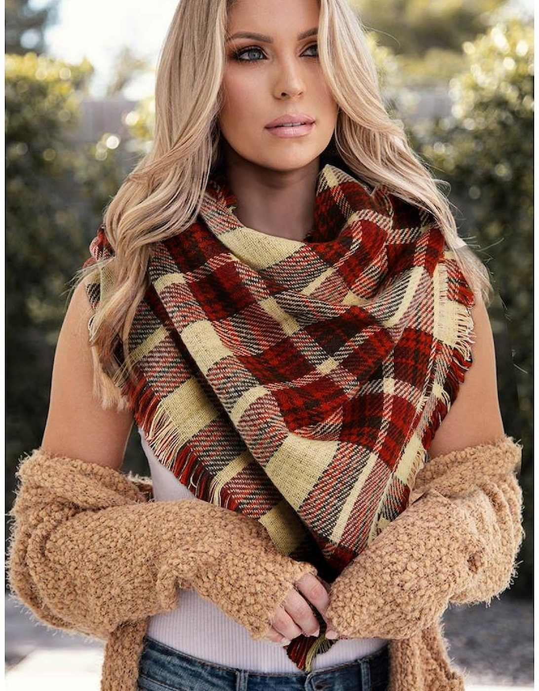 Azura Exchange Red Clay Fringe Trim Reversible Plaid Houndstooth Pashmina Scarf