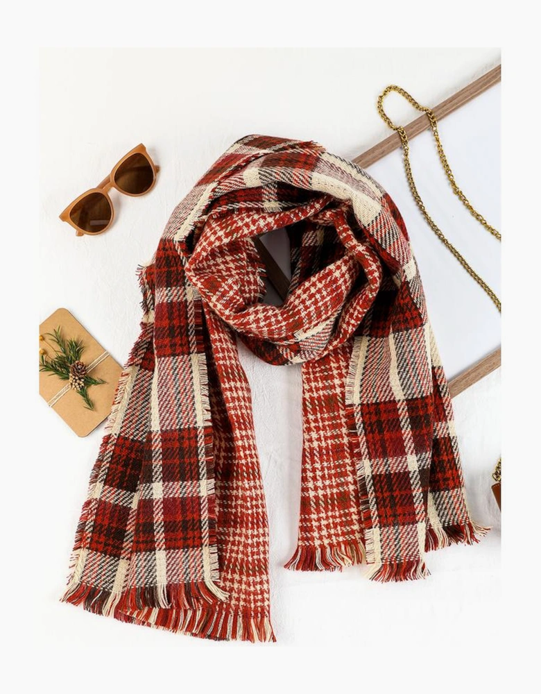 Azura Exchange Red Clay Fringe Trim Reversible Plaid Houndstooth Pashmina Scarf