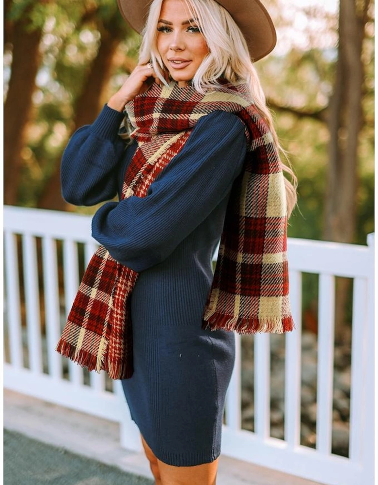 Azura Exchange Red Clay Fringe Trim Reversible Plaid Houndstooth Pashmina Scarf