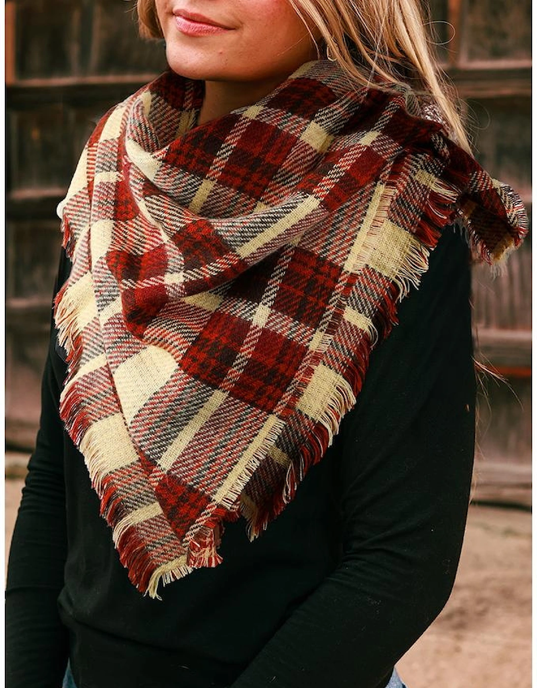 Azura Exchange Red Clay Fringe Trim Reversible Plaid Houndstooth Pashmina Scarf