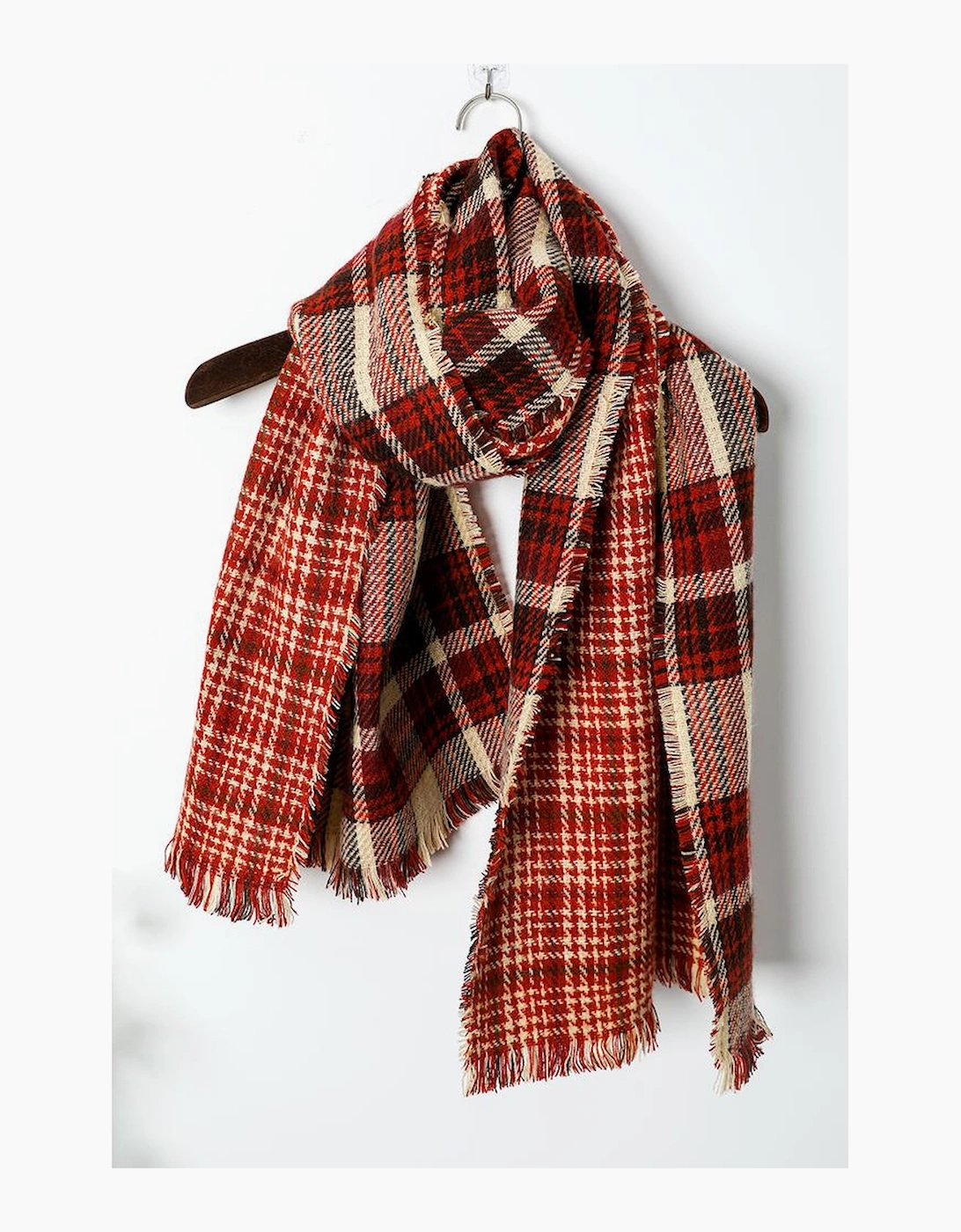 Azura Exchange Red Clay Fringe Trim Reversible Plaid Houndstooth Pashmina Scarf