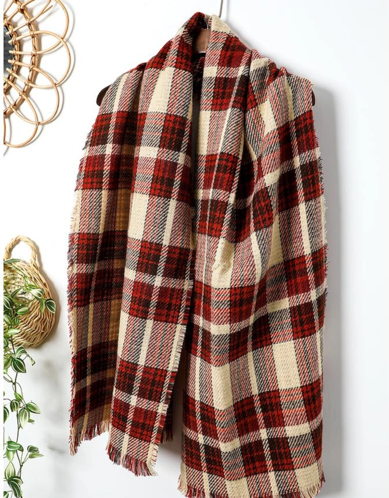 Azura Exchange Red Clay Fringe Trim Reversible Plaid Houndstooth Pashmina Scarf