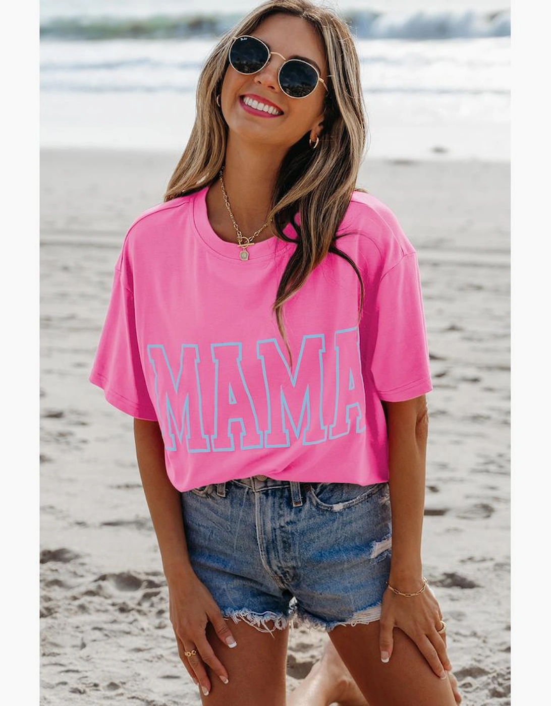 Bright Pink MAMA Letter Graphic Neon T Shirt