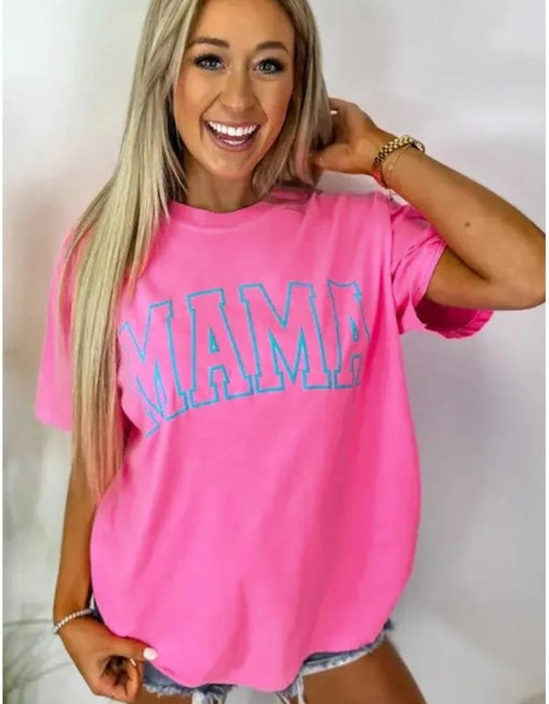 Bright Pink MAMA Letter Graphic Neon T Shirt