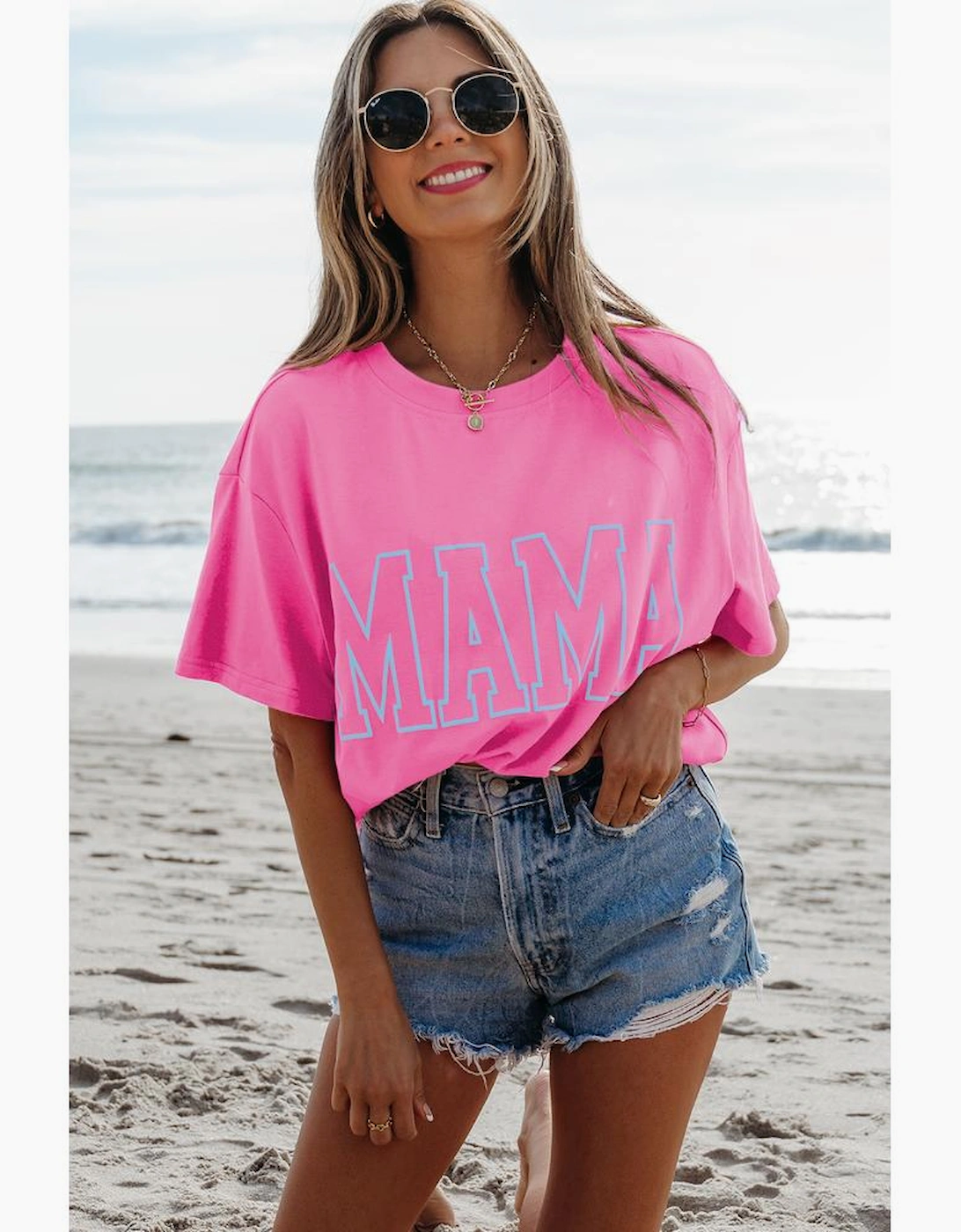 Bright Pink MAMA Letter Graphic Neon T Shirt