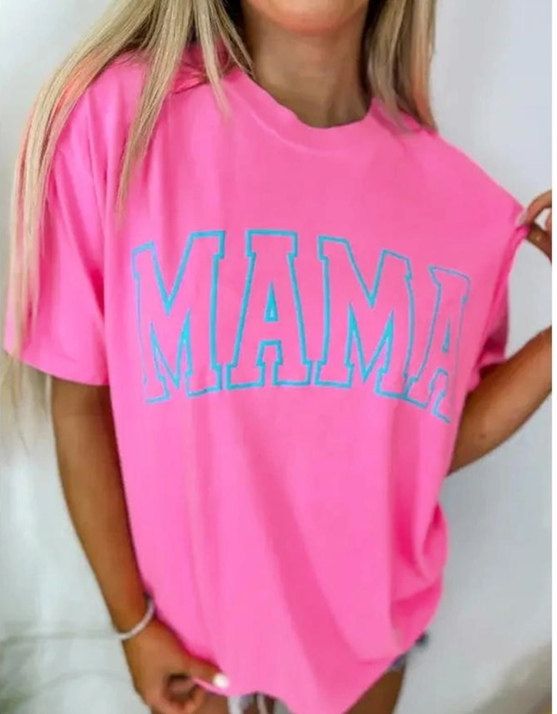 Bright Pink MAMA Letter Graphic Neon T Shirt