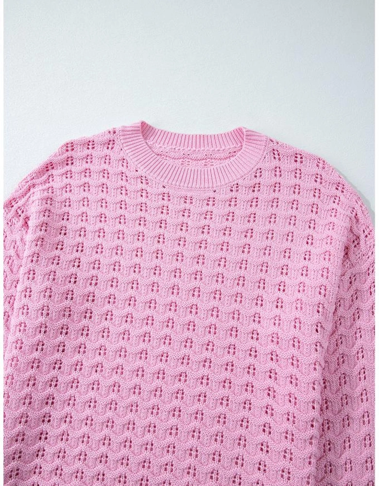 Pink Crochet Knit Drop Shoulder Sweater