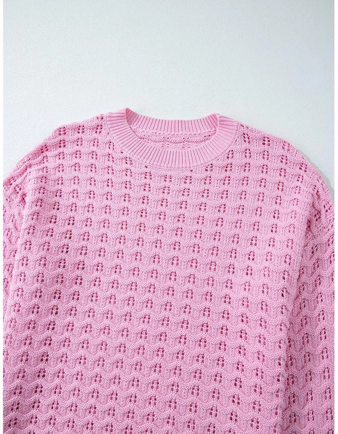 Pink Crochet Knit Drop Shoulder Sweater