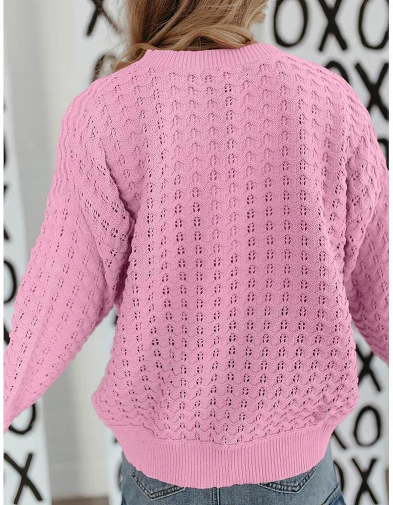 Pink Crochet Knit Drop Shoulder Sweater