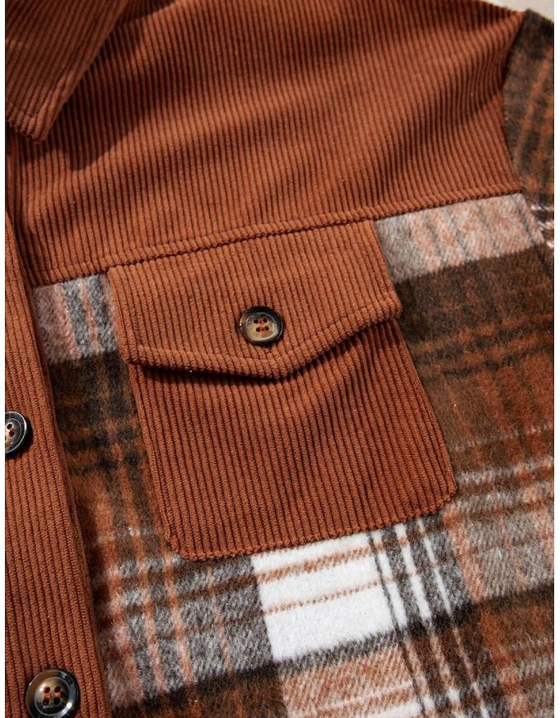 Cinnamon Plaid Corduroy Patchwork Chest Pocket Shacket, 12 of 11