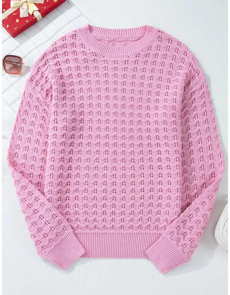 Pink Crochet Knit Drop Shoulder Sweater