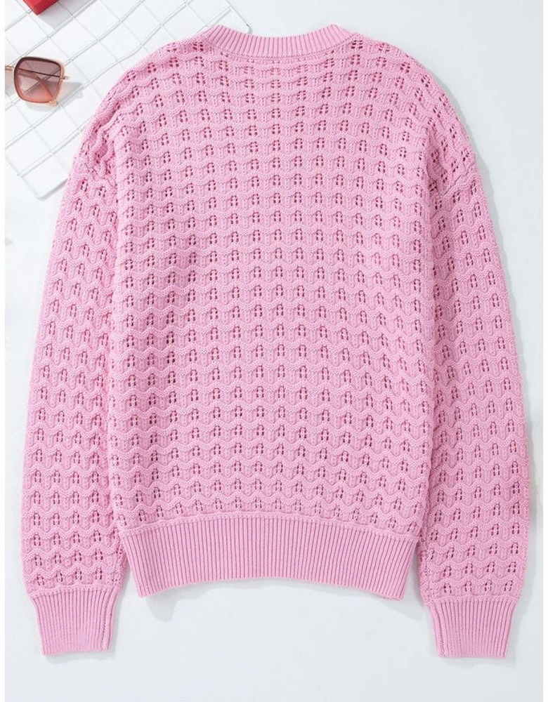Pink Crochet Knit Drop Shoulder Sweater