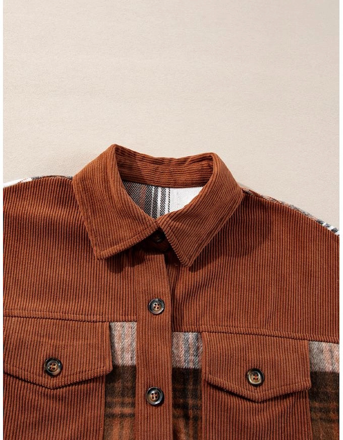 Cinnamon Plaid Corduroy Patchwork Chest Pocket Shacket