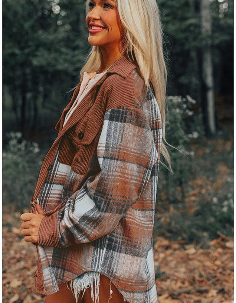 Cinnamon Plaid Corduroy Patchwork Chest Pocket Shacket