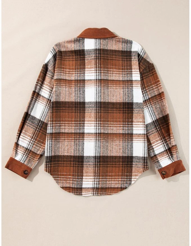 Cinnamon Plaid Corduroy Patchwork Chest Pocket Shacket