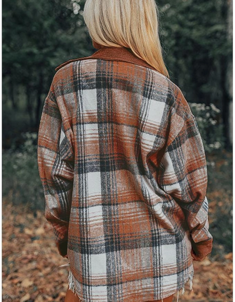 Cinnamon Plaid Corduroy Patchwork Chest Pocket Shacket
