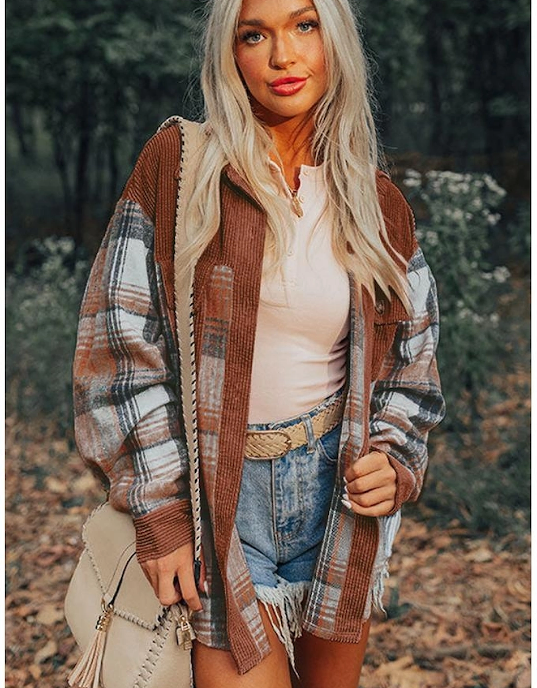 Cinnamon Plaid Corduroy Patchwork Chest Pocket Shacket