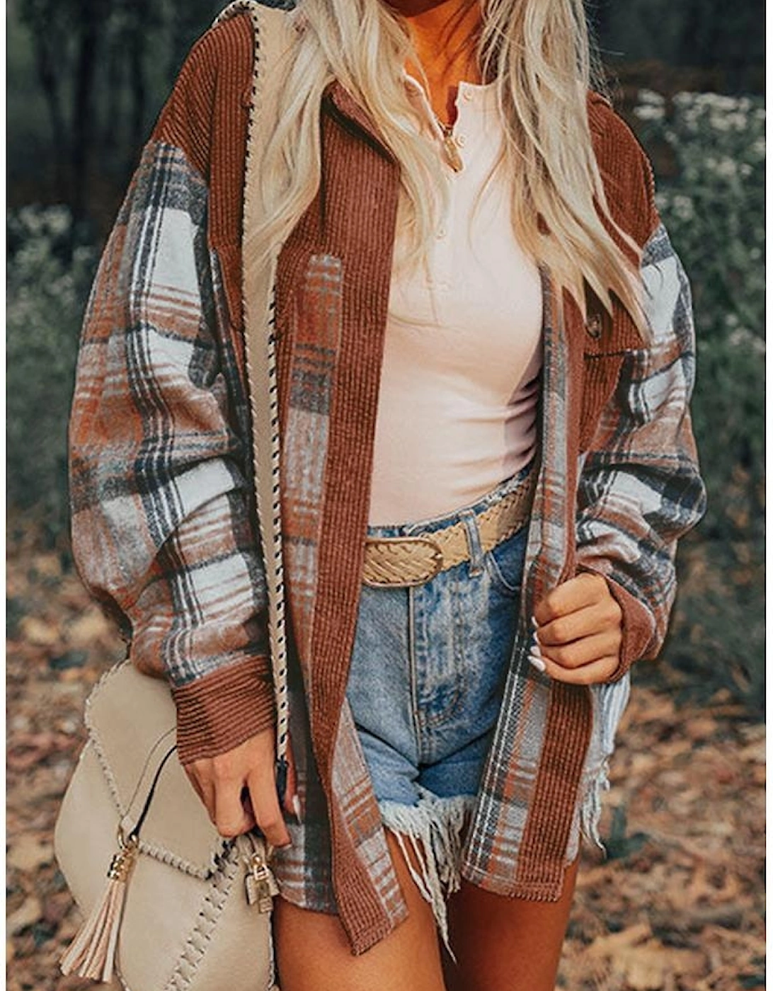 Cinnamon Plaid Corduroy Patchwork Chest Pocket Shacket